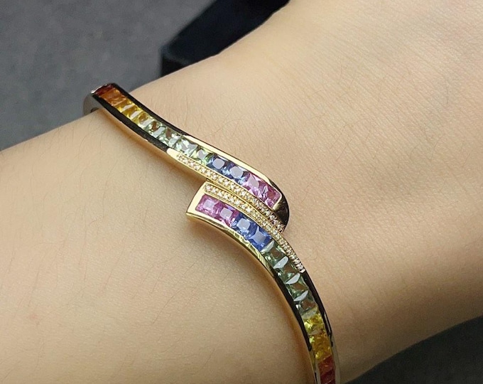 18k white gold natural diamond & sapphire ruby tourmaline citrine bracelet/Art deco colorful multi gemstone bracelet bangle women