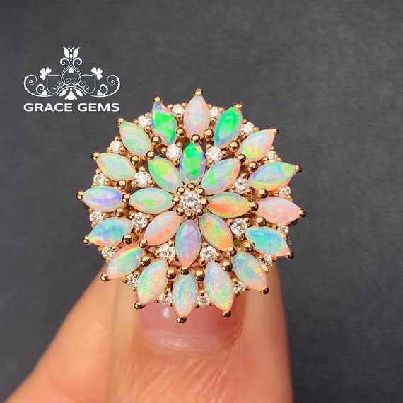 Sunflower Genuine Opal Engagement Ring in 18k 14k Rose Gold with Diamonds Fire Opal ring Boulder Opal Opal Engagement ring Unique ring gift