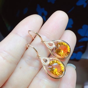 18k rose gold natural Citrine earrings/Bezel engagement wedding earrings with diamonds/Citrine Promise Gift for her/Birthday gift/Birthstone