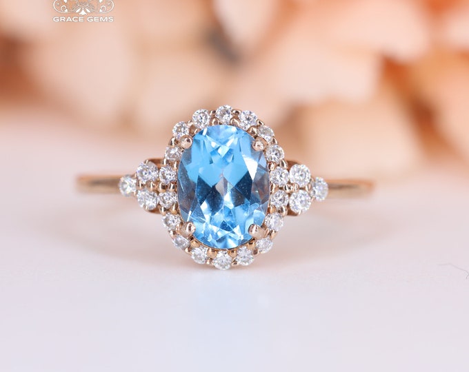 6X8mm 18k rose gold twig natural Swiss blue Topaz engagement wedding ring/Topaz gemstone one of a kind gift/Art Deco/deep blue stone ring