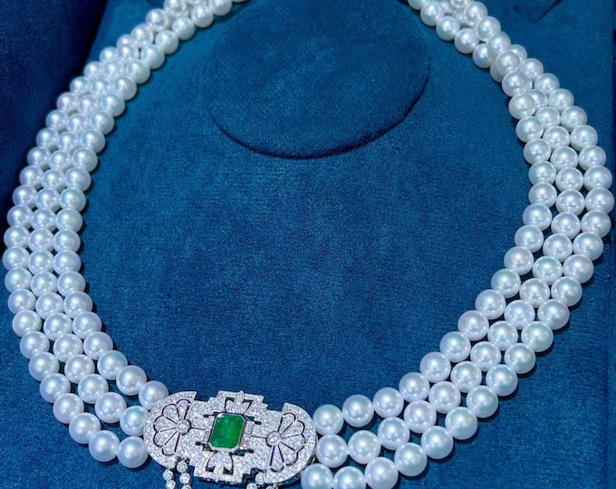 Luxury jewelry-Akoya salty pearls with natural emerald and diamond accents in 18k white gold/Unique handmade fancy jewelry for big event