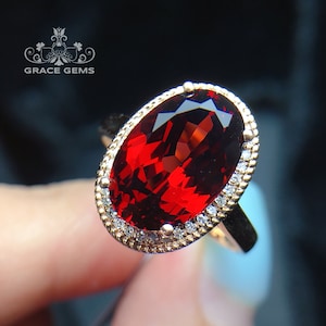 18k solid gold huge Oval Genuine Pigeon Blood Garnet Engagement over time wedding ring with Diamonds/Stacking garnet ring/Antique Art Deco