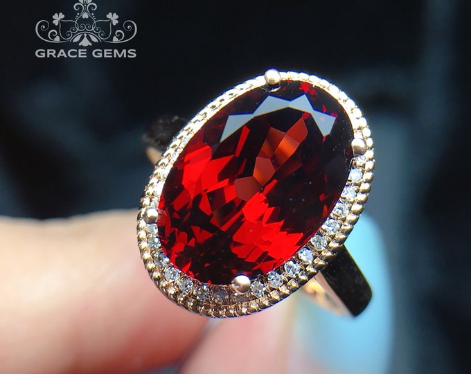 18k solid gold huge Oval Genuine Pigeon Blood Garnet Engagement over time wedding ring with Diamonds/Stacking garnet ring/Antique Art Deco