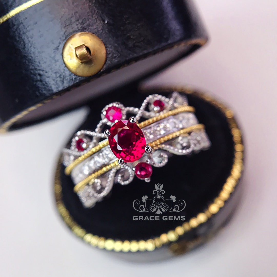 Mozambique Ruby Engagement Ring Set: 18k Gold Diamond Ruby Bridal Ring ...