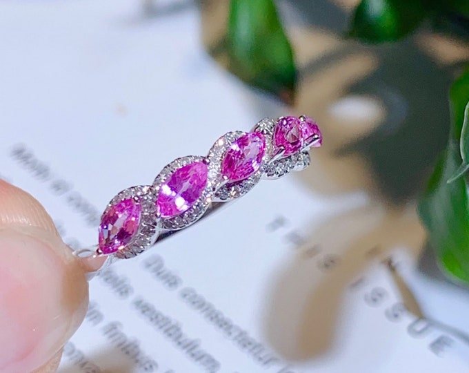 Natural pink sapphire band/18k white gold Padparadscha  wedding band Ring with Diamond/Pink gemstone ring/Unique elegant pink sapphire ring