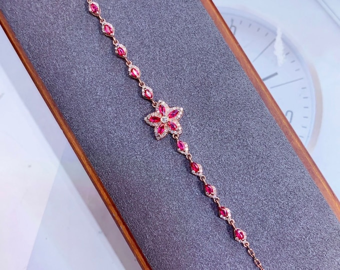 Genuine Ruby Bracelet in 18K rose Gold and diamonds/Unique Natural ruby bracelet/Anniversary Birthday stone ruby jewelry/Handmade ruby gift