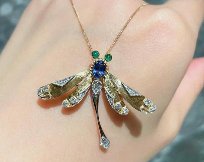 18k gold Natural Cornflower Sapphire Pendant Brooch/Diamond emerald Brooch/Unique Art Deco Anniversary Birthday gift/Over time gift for her