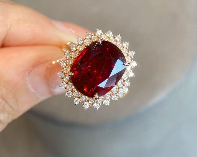 Huge natural red Tourmaline ring with diamonds/Real rubellite Engagement ring /Art Deco fine jewelry/handmade luxury tourmaline ring/Promise