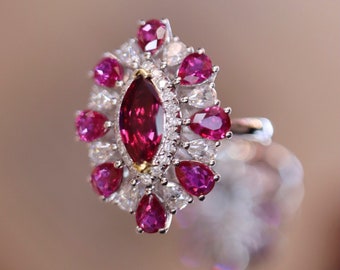 Natural Mozambique Marquise Ruby Ring/18k White Gold Vintage Engagement Ring With Diamonds and white sapphires/Handmade Best Friend/Bridal