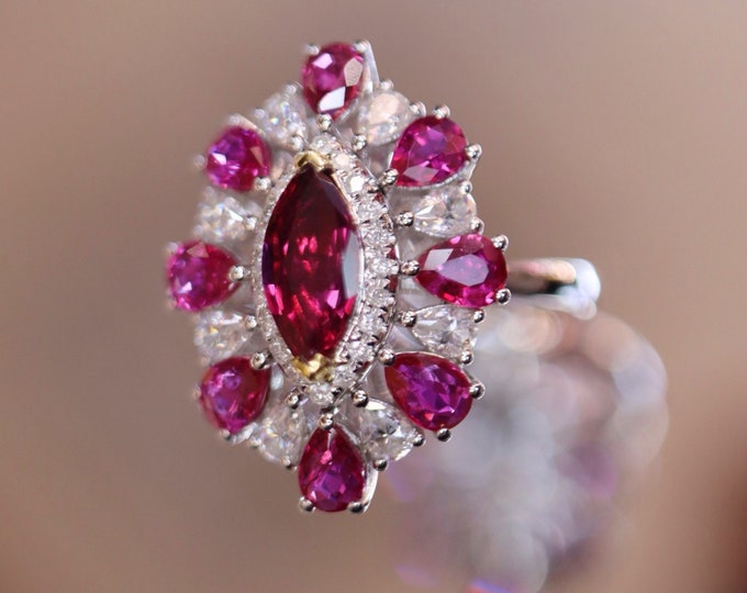 Natural Mozambique Marquise Ruby Ring/18k White Gold Vintage Engagement Ring With Diamonds and white sapphires/Handmade Best Friend/Bridal