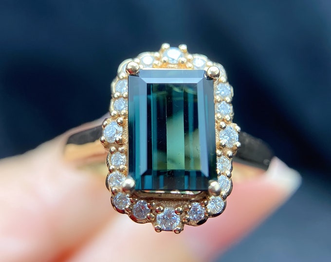 18k rose gold blue tourmaline ring/Diamond wedding engagement promise ring/Handmade promise band/Unique bridesmaid jewelry/Gift for her ring