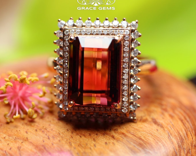 Top Quality Rare Huge Gem Emerald Cut Red Brown tourmaline natural diamond engagement wedding ring in 18k gold/Rubellite Indicolite ring