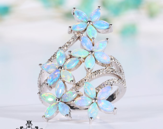 Unique Five Flower Cluster Marquise Natural Australian Opal Ring in 18k/14k white Gold &Diamonds/Boulder Opal Engagement wedding Bridal Set