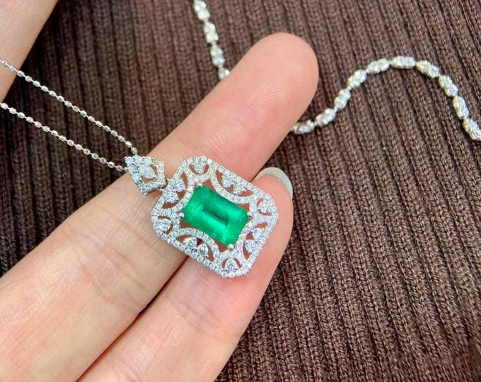 18k Gold Natural Colombia Emerald with diamond pendant necklace/high end Jewelry gift, everyday luxury, custom fine emerald, birthday