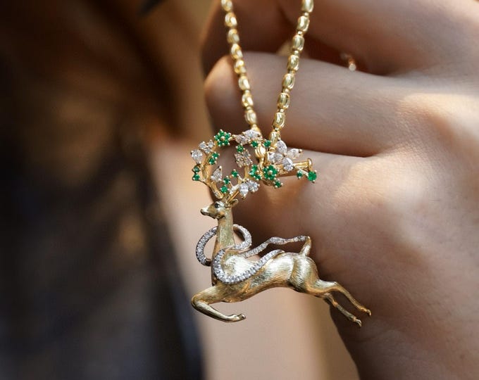 Unique luxurious hand made deer pendant/Emerald animal brooch in 18k solid gold/Diamond accent animal pendant/One of a kind custom pendant