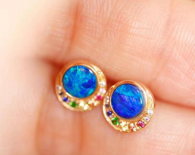 18k Solid Gold Real Australian Opal Earrings Studs with natural colorful Sapphires/Blue Natural opal studs/Round opal earrings/Unique studs