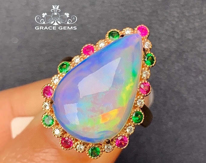 Rare Pear Huge Natural Opal Ring in 18k/14k Solid rose Gold with Diamonds Rubies & Travorites/Raw Opal Engagement ring/Full eternity wedding