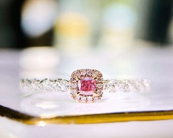 18k white gold natural pink diamond ring/Earthly genuine untreated pink diamond ring with pink diamond halo/Diamond paved band pink diamond
