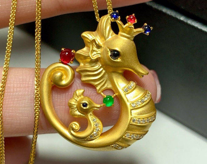 Unique luxurious handmade sea horse pendant/Emerald ruby pendant in 18k gold/Diamond accent animal pendant/One of a kind custom pendant