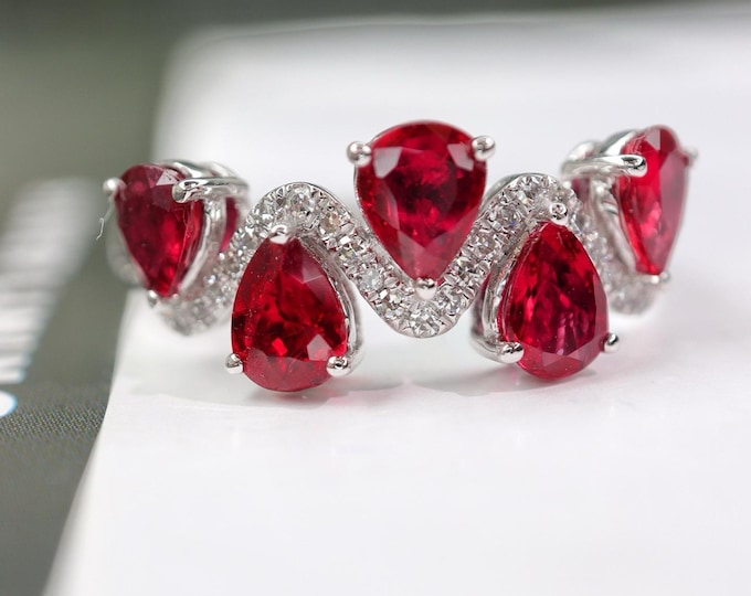 Unique natural Mozambique ruby cluster ring band in 18k solid white gold, everyday wear luxury - diamond ruby wedding ring