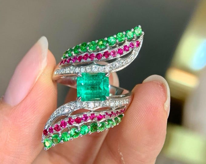 Unique 18K Gold Emerald and Ruby Engagement Ring: Diamond Accent Emerald ring/emerald luxury jewelry, gift for her emerald fine jewelry