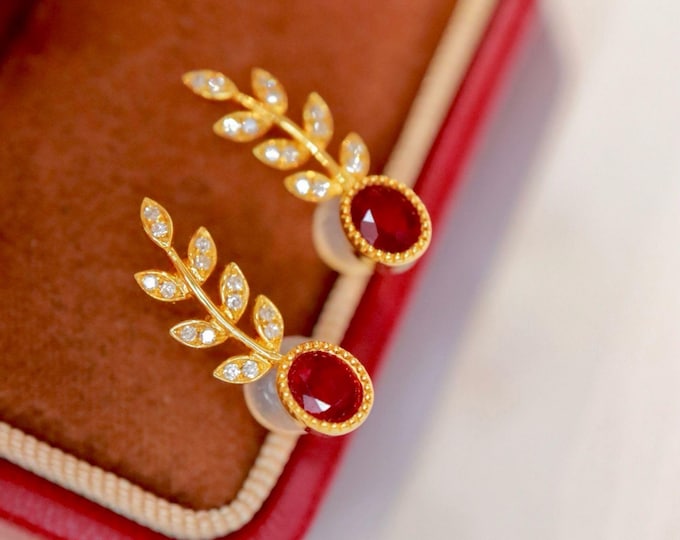 18k solid gold natural Ruby earrings/Unheated push back ruby studs/Nature inspired ruby earrings/Wedding ruby gift for her/twig leaf studs
