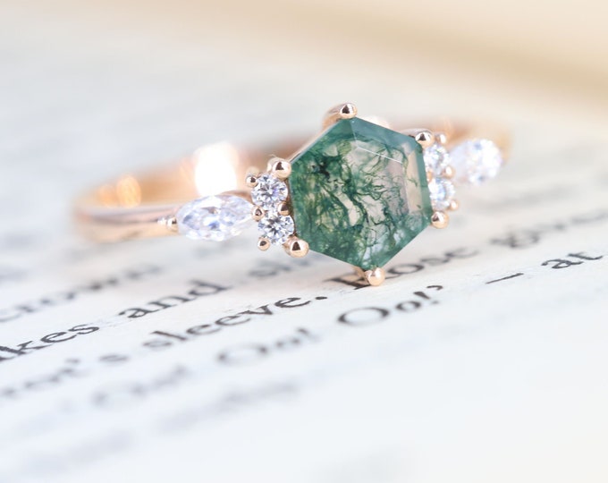moss agate engagement ring/Unique moss agate ring/Handmade moss agate ring/Vintage twig moss agate ring/Custom moss agate statement ring