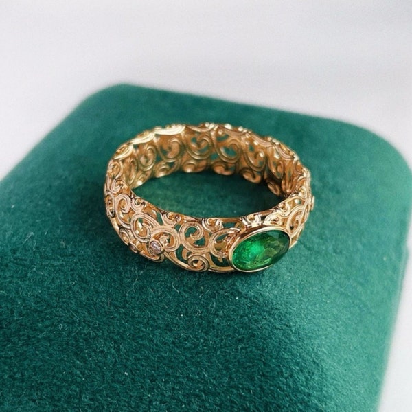 Unique handmade natural emerald ring/hollow gold real emerald ring/Personalized emerald jewelry/Art Deco emerald engagement ring for women