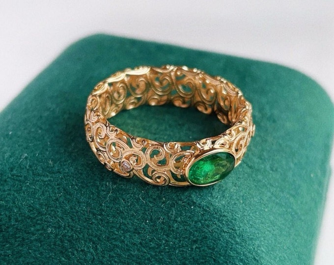 Unique handmade natural emerald ring/hollow gold real emerald ring/Personalized emerald jewelry/Art Deco emerald engagement ring for women
