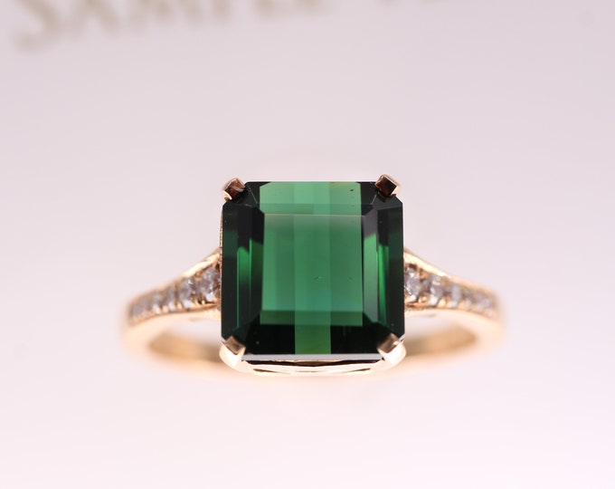 18k rose gold emerald cut green tourmaline diamond engagement wedding ring/Handmade Jewelry/Tourmaline Birthstone/Birthday Anniversary gift