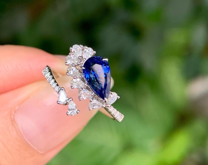 Luxury Pear Natural royal blue sapphire rings/18k white gold Engagement ring for women/celestial ring/Bypass diamond pave sapphire ring