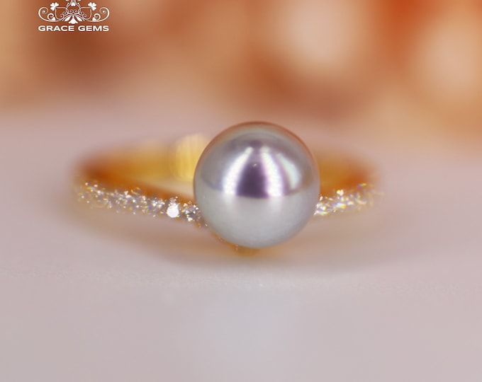 8.5 mm 18k gold Natural Japanese Akoya Sea Pearl Ring/Engagement wedding pearl ring with diamond halo band/Certified Pear handmade women