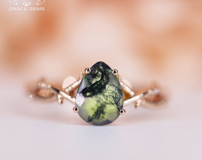 14k 18k Solid Rose Gold 6x8mm Pear Moss Agate ring/Engagement Wedding Ring/ Unique Anniversary Gift/Handmade Raw Gems/Best Friend gift
