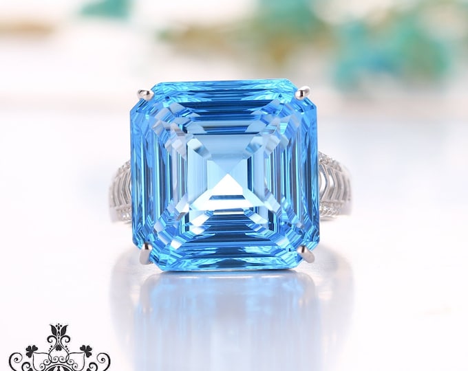 Radian cut 11.5 CT huge 18k white gold  Swiss Topaz engagement wedding ring with diamonds/Customized band/Art Deco/Unique topaz birthstone