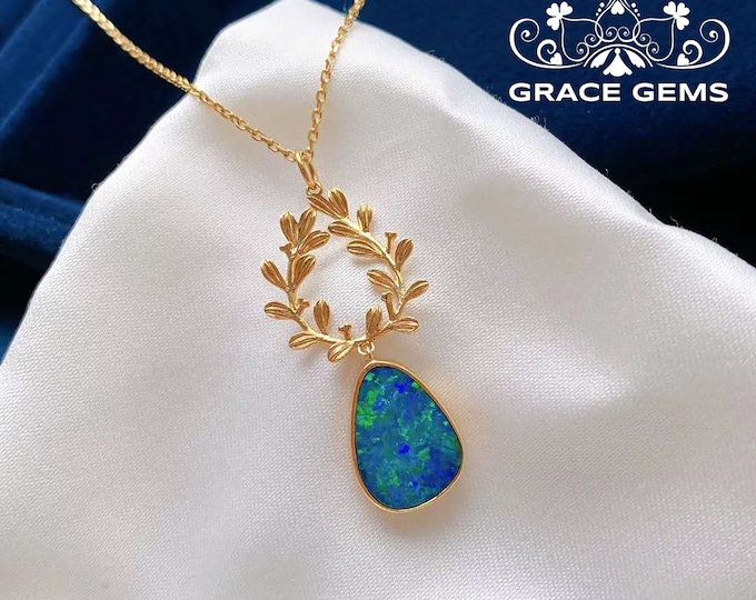 18K Rose Gold Wheat shape Australian Opal Black Opal Pendant/Raw Stone Choker/Boulder Fire Opal Necklace/Dragon Breath Opal/Natural opal