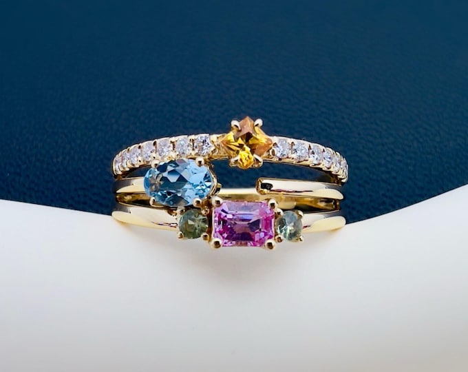 Unique multi-color stones with Padparadscha Pink Sapphire, yellow sapphire and aquamarine/Earth mined stone Engagement Ring with Diamonds