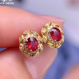 18k Gold Ruby Earrings with Diamonds: Handmade diamond ruby Studs/Mozambique ruby,bespoke jewelry,high end gift,everyday luxury,custom fine