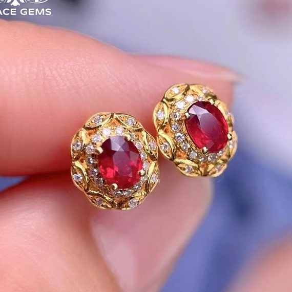 Vintage 14K Diamond and Ruby Earrings 20th Century .30cts. - Ruby Lane