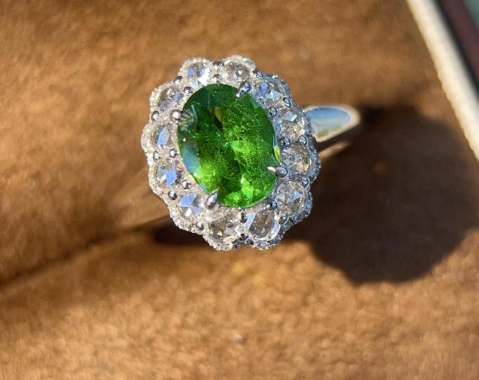 Natural 18k Gold Green Garnet Tsavorite Ring: Diamond & White Sapphire Halo, High End Tsavorite Engagement Ring/custom handmade jewelry