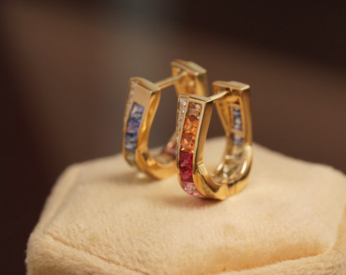 18k Solid Gold Multi-color Genuine Sapphire studs with diamonds/Sri Lanka Cluster Sapphire earrings/Unique rainbow earrings gift for her