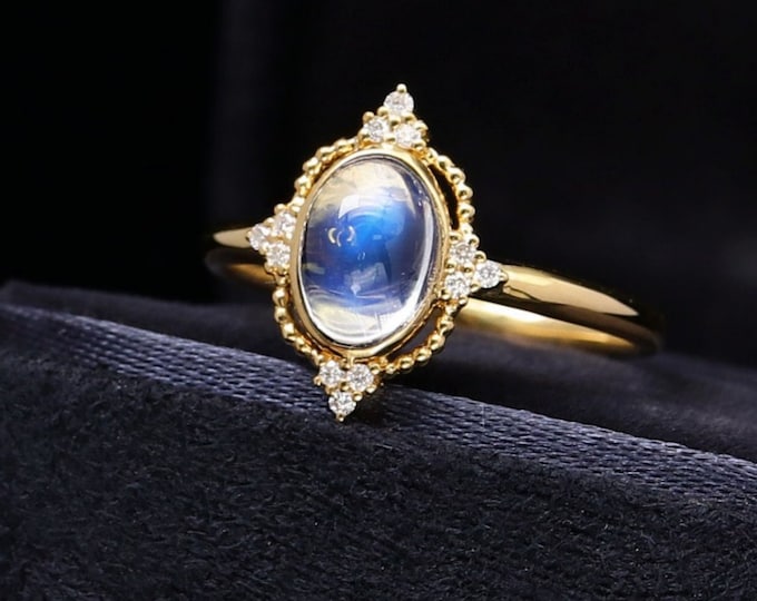 18k yellow Gold blue Moonstone Engagement Ring with diamonds/Eternity halo diamond band/6X8mm Color changing Wedding gift/Unique Viking ring