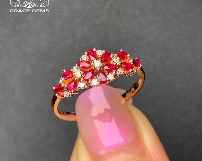 Unique Natural ruby engagement ring/18k rose gold ruby ring with diamond/dainty ruby ring/Unique boho ruby ring/Petite delicate ruby ring