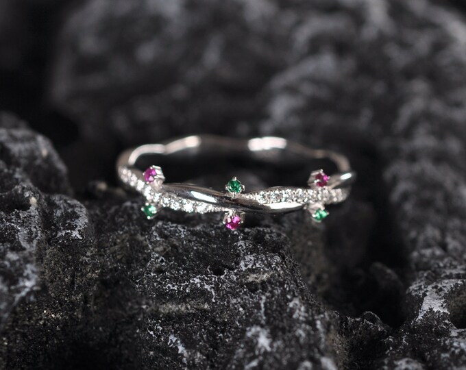 18k solid white gold wedding band with rubies and emeralds/Cluster Diamond Wedding ring/unique Proposal ring/stackable matching band for her