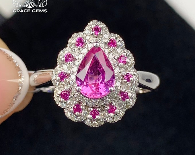 18k pink sapphire diamond ring/Natural Padparadcha sapphire engagement wedding ring/halo bezel/ Handmade unique pink gem ring/Bridal gift