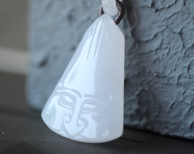 Unique Carved Natural Myanmar Icy Green Jadeite Jade Pendant with Hand knitting Rope/One of a kind Jade Capochon/Egyptian Jewelry/Real Jade