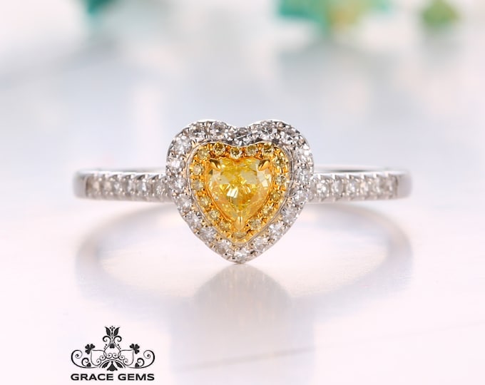 Unique Hear Shape Natural Yellow Diamond Engagement Wedding Ring in 18k white Gold/Eternity Forever one/Promised ring one of a kind/Art Deco