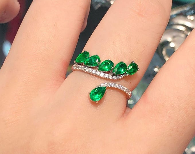 18k white Gold MUZO Emerald Ring With Diamonds/Natural Real Emerald Engagement Ring/Vintage emerald band/Unique wedding band/Promise ring
