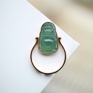 18k Solid Rose Gold Engraved Natural Myanmar Icy Green Jadeite Jade Buddha Ring Pendant/One of a kind unique Multi function buddha figurine