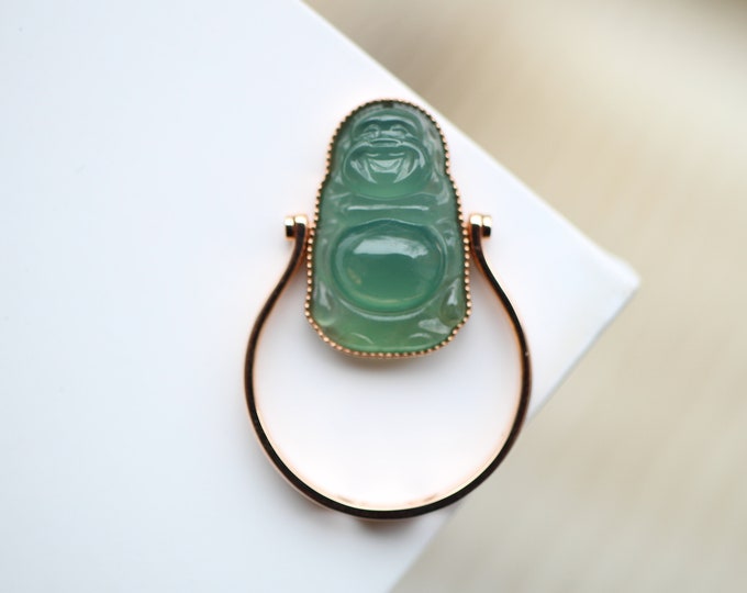 18k Solid Rose Gold Engraved Natural Myanmar Icy Green Jadeite Jade Buddha Ring Pendant/One of a kind unique Multi function buddha figurine