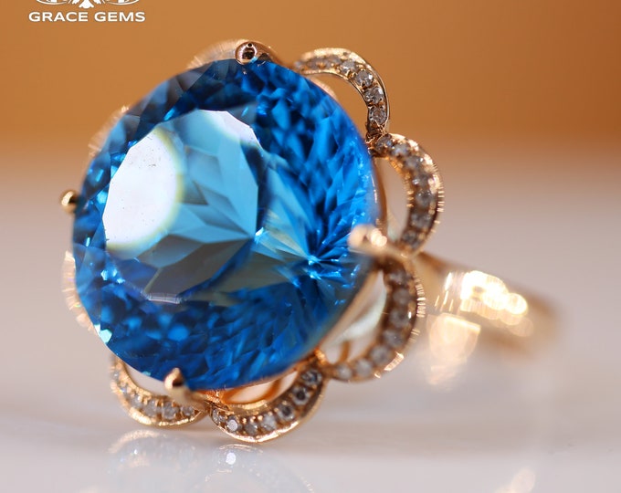 18k Solid Rose Gold Swiss Blue Topaz Ring with Diamonds/Natural Topaz Blue Gems ring/one of a kind wedding engagement ring/Art Deco handmade